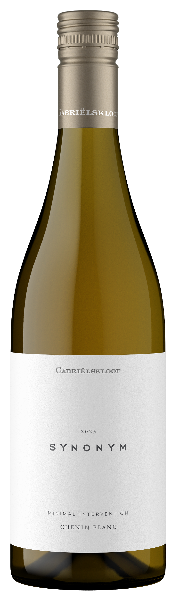 A bottle of Gerhard Eickelbloop Synonym Chenin Blanc white wine, featuring a gold foil capsule and a white label with black text, set against a plain white background.