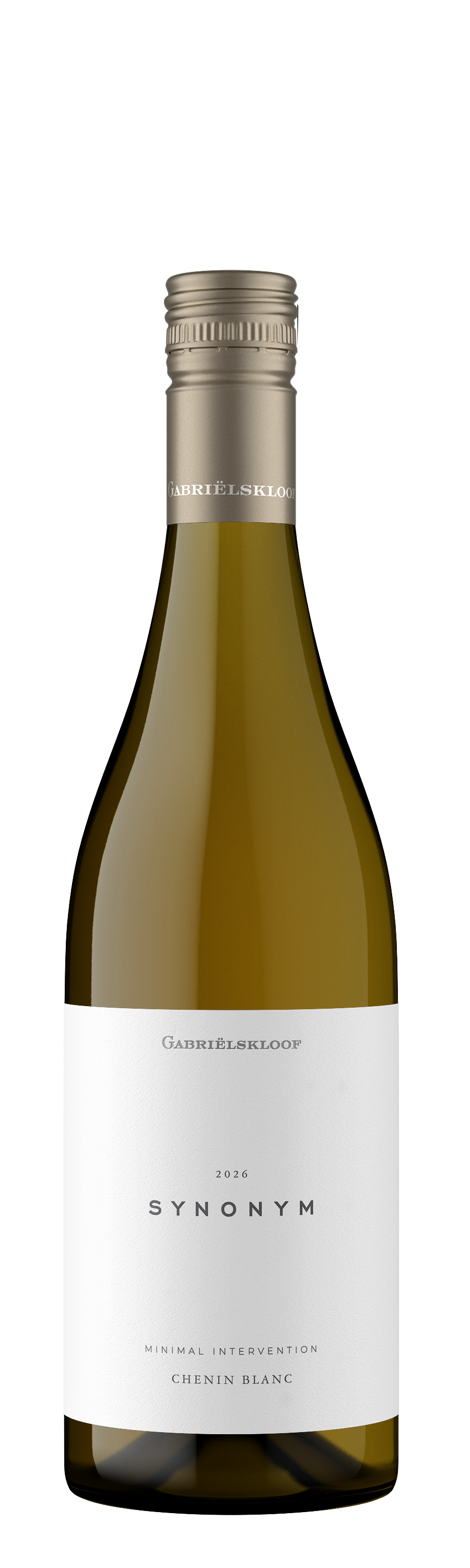 A bottle of Gerhard Eickelbloop Synonym Chenin Blanc white wine, featuring a white label and a metallic gold screw cap, isolated on a white background.